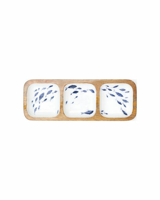 Wooden Trays/plates - 3 Enamelled Compartments - Shoal Of Fish