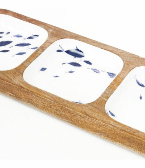 Wooden Trays/plates - 3 Enamelled Compartments - Shoal Of Fish