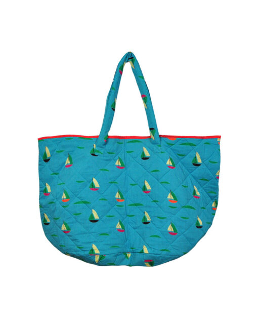 Blue-green Handbag With Little Boats Design