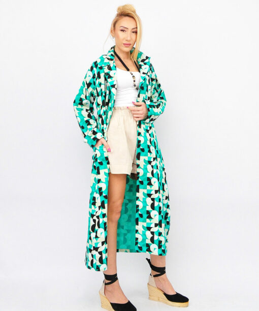 Blue-green Long Coat With Pattern