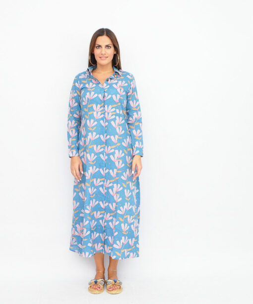 Maxi Blue Dress With Flower Pattern And Long Sleeves