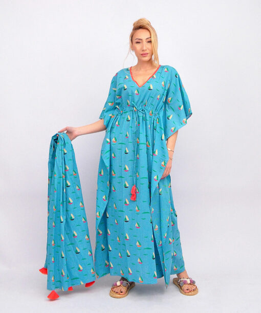 Maxi Blue Dress With Boat Pattern And Angel Sleeves