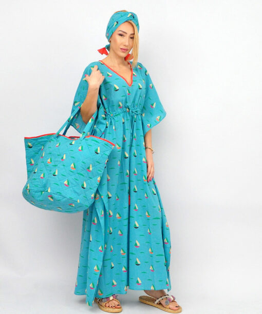 Maxi Blue Dress With Boat Pattern And Angel Sleeves