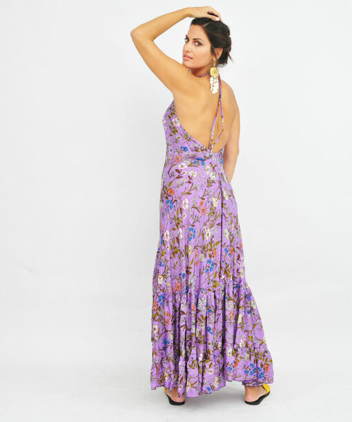 Maxi Purple V-neck Dress With Frill Ends